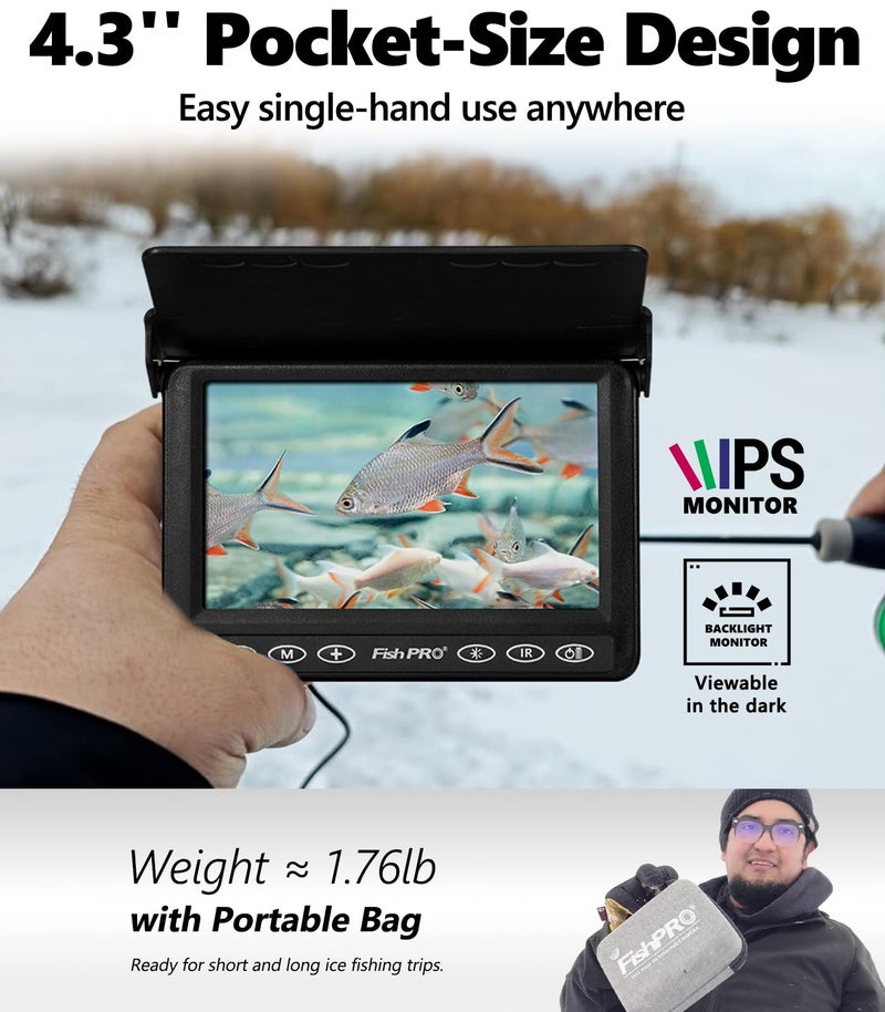 FishPro [FishPROÂ® 2026 Upgrade] Underwater Fishing Camera 4.3'' [Proven Since 2017] Ice Fishing Camera 1000 TVL w/ 65ft Magnetic-Spool, IR, USB-C, 5000mAh, Portable Fish Finder for Ice Lake Boat Kayak Fishing - Image 4